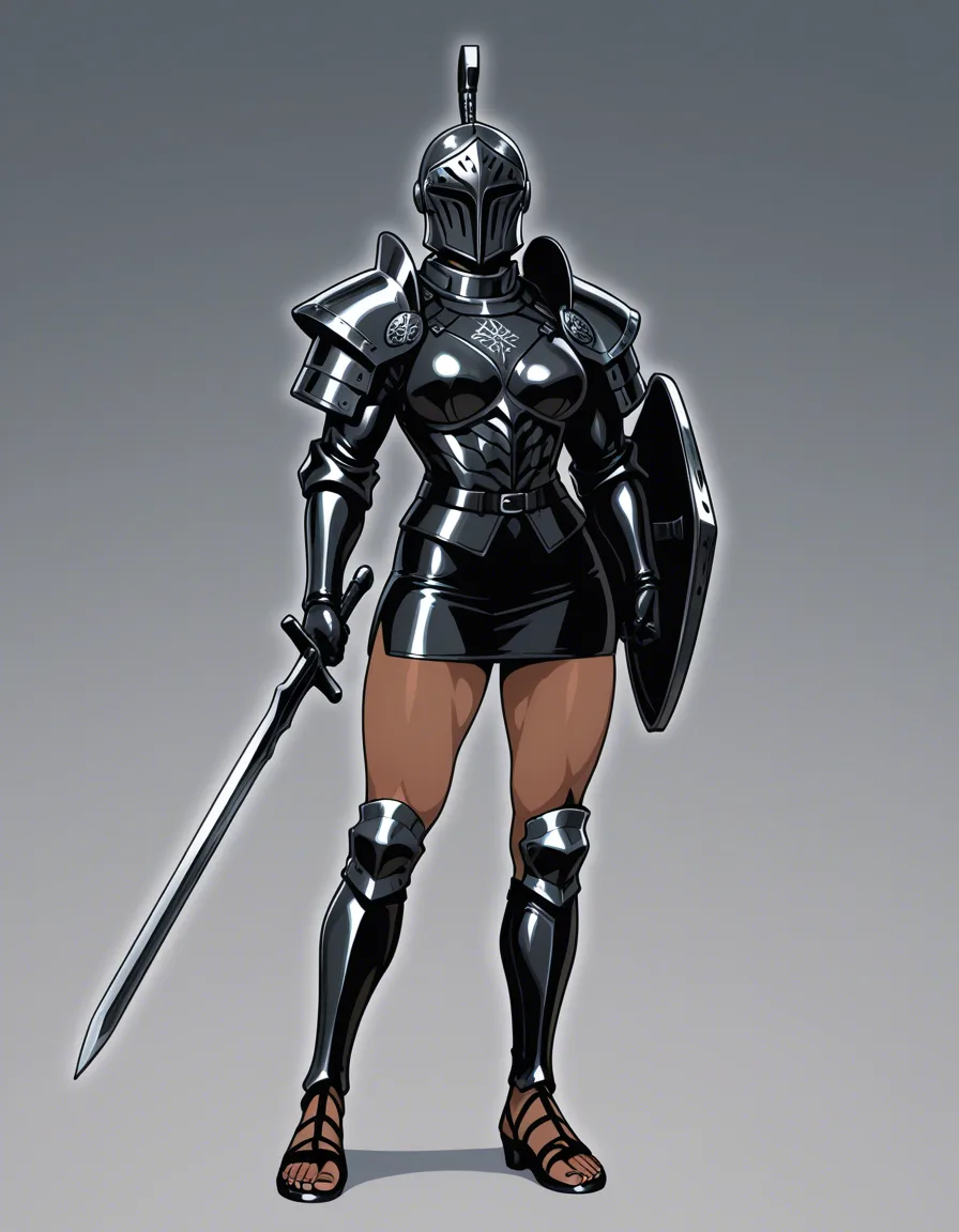 futa roman praetorian guard roman black metal helmet roman black metal segmentata armor roman black leather skirt roman black leather sandals roman black metal scutum shield roman gladius sword chubby tall dark skin black hair bimbo guarding gate luxury marmol halllway fat bulge, hentai_studio_quality