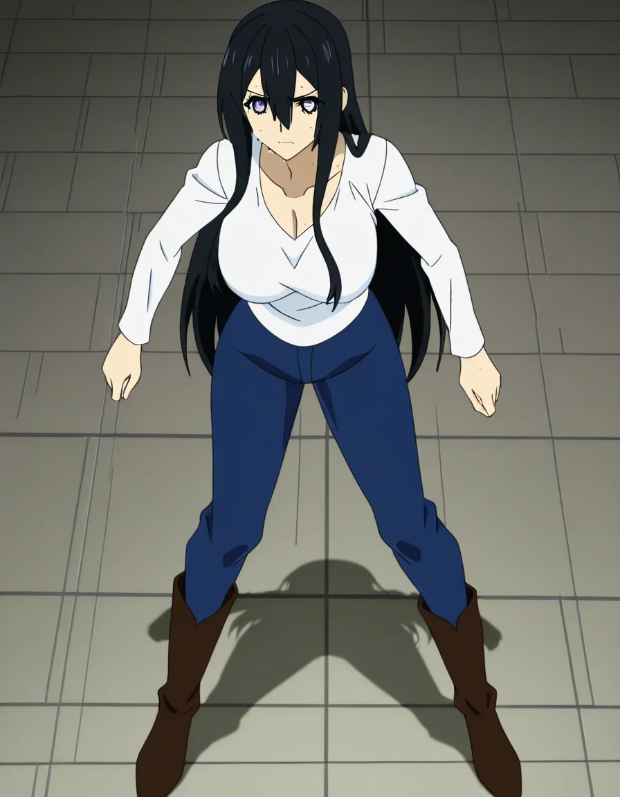 Nagi Arato from the anime “Ruri Rocks”: Nagi Arato's body and breasts are busty, and she is wearing her normal outfit (from the series) of a long-sleeve white top, long blue pants, and brown boots. Her top is barely keeping her breasts inside.
Nagi is cracking open a rock with her hammer. As she does so, sweat drips down the swell of her breasts.
Nagi's face is able to be seen, with her big violet eyes and long black hair as normally shown in the series., (anime style:1.3), 2d, anime screencap, cel shading, flat color, @00osamio00