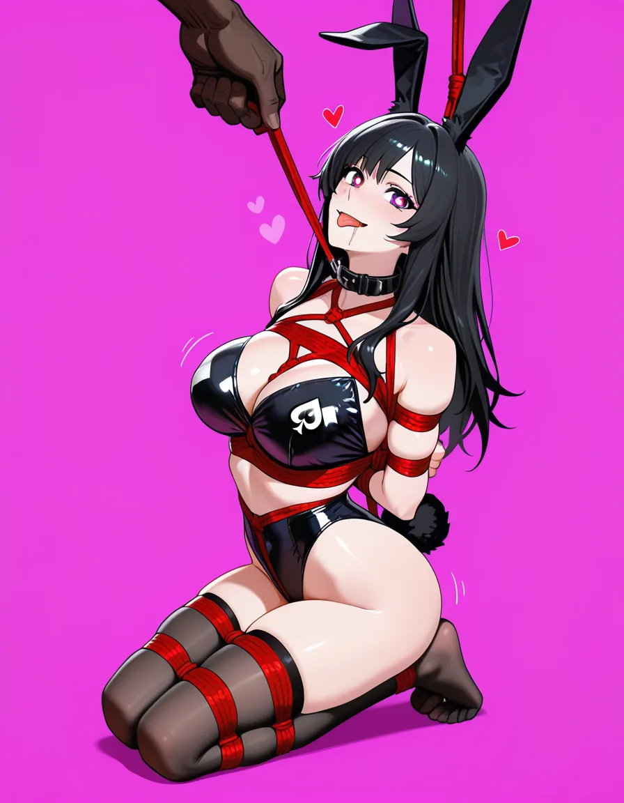 Perfect Anatomy, Perfect Hands, Perfect Feet, Perfect Proportions, 1girl, goth, rabbit ears, rabbit tail, black hair, long hair, thighhighs, light smile, pink background, queen of spades symbol, revealing clothes, submissive, flirting, cheerleader, cheerleader outfit, heart-shaped pupils, collar, closed smile, drooling tongue, shibari, kneeling, looking up at viewer, BBC, full body, legs tied, hands tied, 1boy, dark-skinned male, suspension bondage,, hentai_studio_quality
