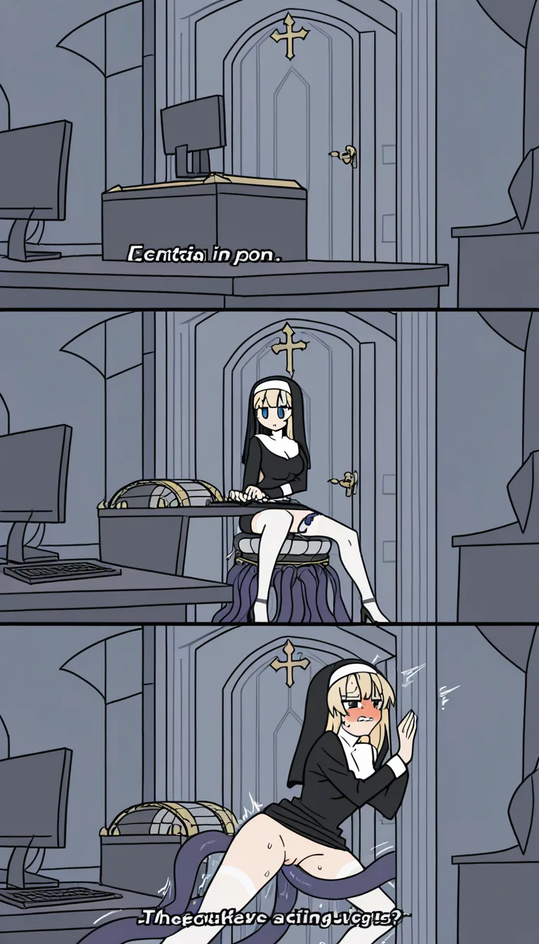 hentai, uncensored, explicit, 1girl, blonde nun Celia, short open white nun habit, white mini skirt, white stockings, high heels, panties pushed aside, sitting at computer desk, 4-second video, smooth animation,
she is already urgently typing and clicking, focused on the screen, actively trying to open the door through the computer, concentrated expression with growing blush,
mimic chair tentacles fucking her hard under the desk, thick tentacle thrusting deep in and out of her pussy, another rubbing her clit intensely, tentacles squeezing and moving around her thighs, fluids dripping,
her body rocking with the thrusts, hips twitching, hands keep typing non-stop, sweat and blush increasing, biting lip while forcing herself to continue opening the door,
gothic room, high detail, digital anime style, continuous motion, NSFW, detailed face and expressions