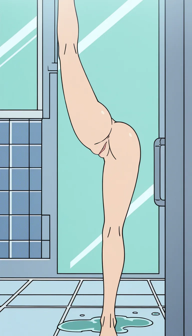 Rouge the Bat curvy and nude and slippery, whole body covered in clear oil, pussy visible, no traction as she steps into the shower, slipping on the tile floor, falling onto her ass, gasping in embarrassment as her feet slide out from under her