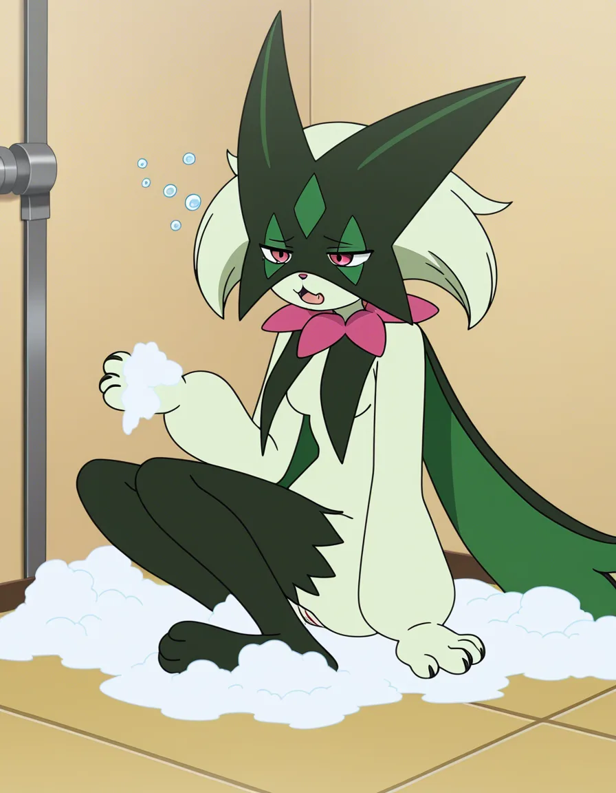 busty nude Meowscarada in the shower, pussy visible, floor too slippery, no traction, slipping and sliding and falling down, spilled too much soap, slick and horny and clumsy and drunk, (anime style:1.3), 2d, anime screencap, cel shading, flat color
