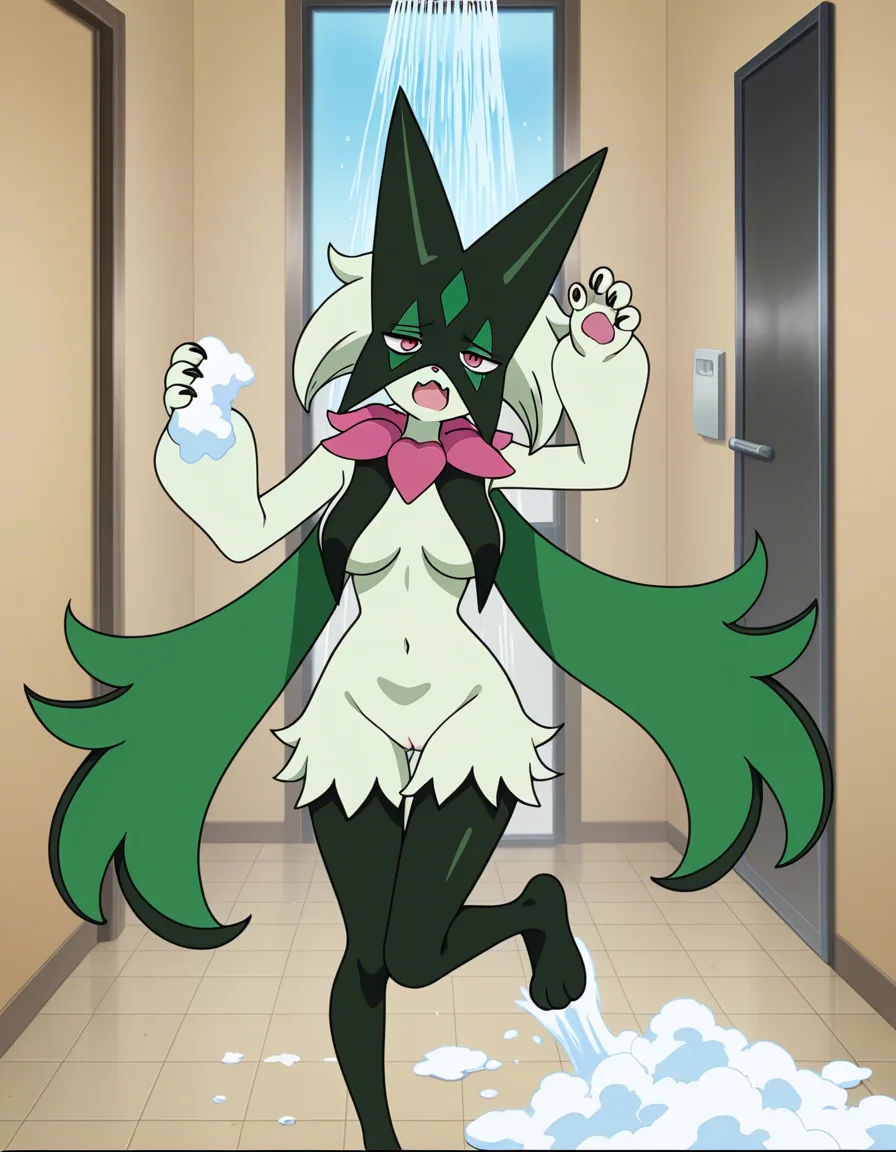 busty nude Meowscarada in the shower, pussy visible, floor too slippery, no traction, slipping and sliding and falling down, spilled too much soap, slick and horny and clumsy and drunk, (anime style:1.3), 2d, anime screencap, cel shading, flat color, @00osamio00
