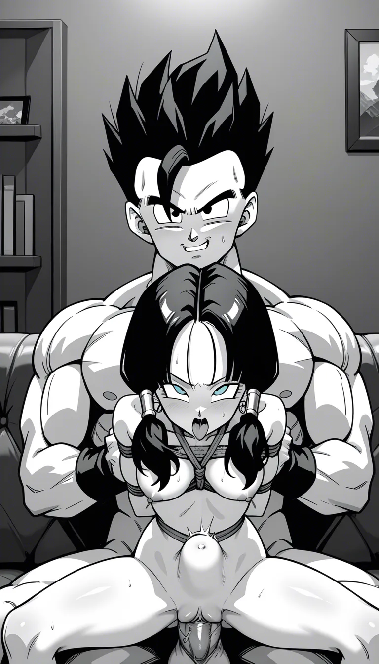 Son Gohan, sitting, evil_smile, large_penis, @Videl (Dragon ball), twintails, nude, ahegao, shibari, sitting_on_person, vaginal, spread_legs, stomach bulge, couch, room, hentai_studio_quality