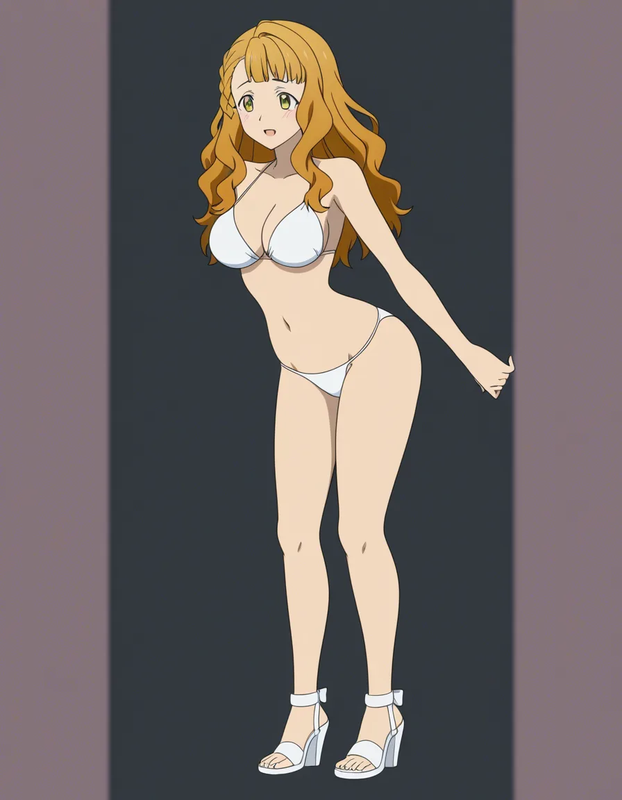Mimosa Vermillion wearing white bikini and white wedge strap high heels sandals having sex from behind, saggy tits, full body,, (anime style:1.3), 2d, anime screencap, cel shading, flat color