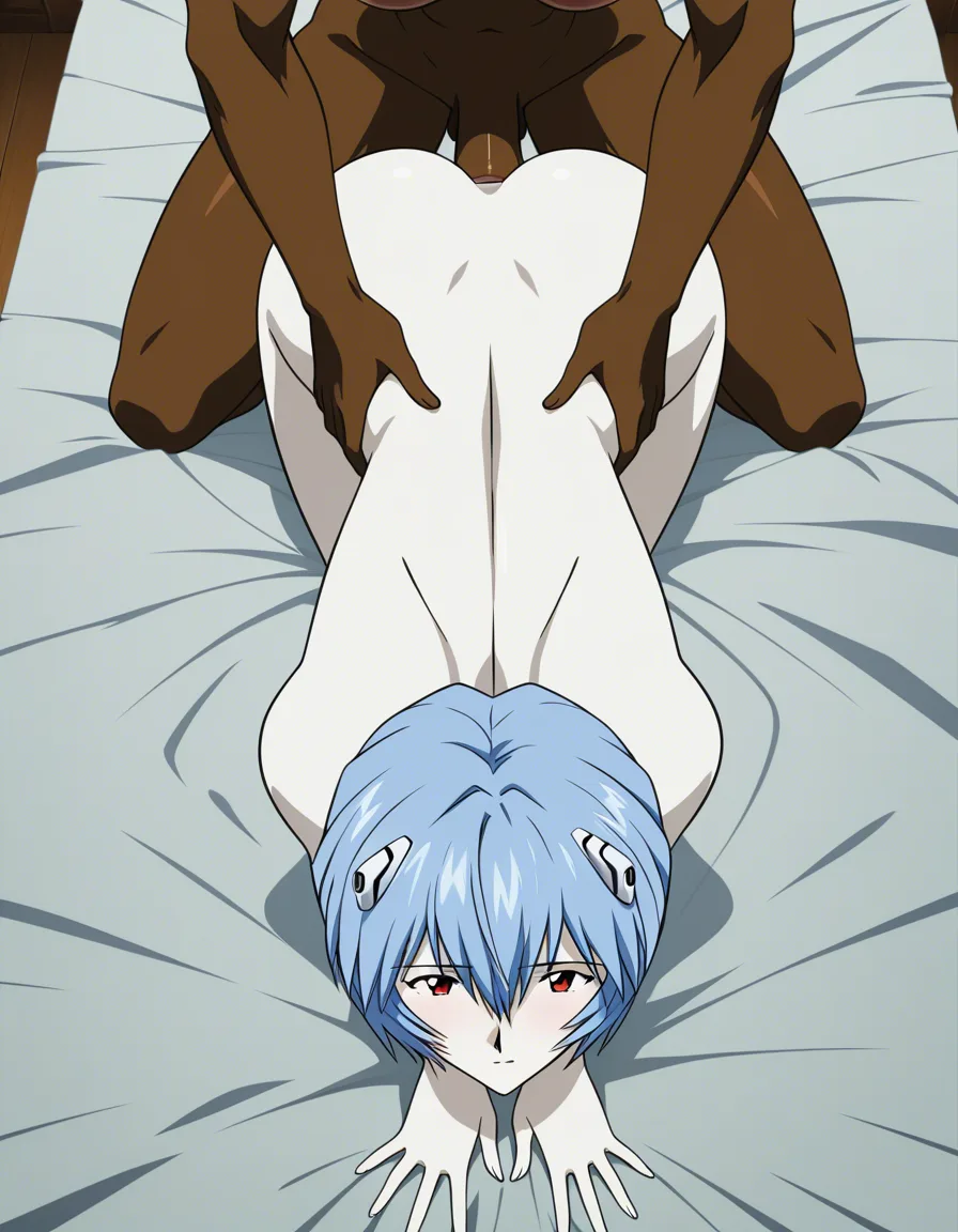 @ayanami_rei, futanari, white_skin, completely_nude, on_bed, from_above, all_fours, interracial, 1boy, anal, (anime style:1.3), 2d, anime screencap, cel shading, flat color, @00osamio00