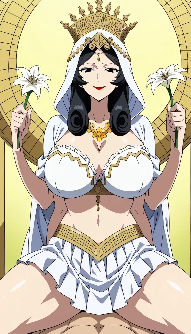 1 Adult Mother Goddess with multiple arms, ethnicity Hindu, Bengali, red lipstick, Accurate Anatomy, symmetrical body structure, Big chest, Thick thighs and arms, thick pelvis, tight fitting bra with intricate patterns and baggy mini skirt with curls and frills, Adorned Heavily in Indian Ornaments, black eyes, POV Sex, Symmetrical Tight Straddling Position, Having sex with viewer, big all around Mukut Crown, devine radiance, Calm and Graceful Expression, confident smile with hooded eyes, flowers around in Symmetrical order, holding flowers, floral necklace, folk art