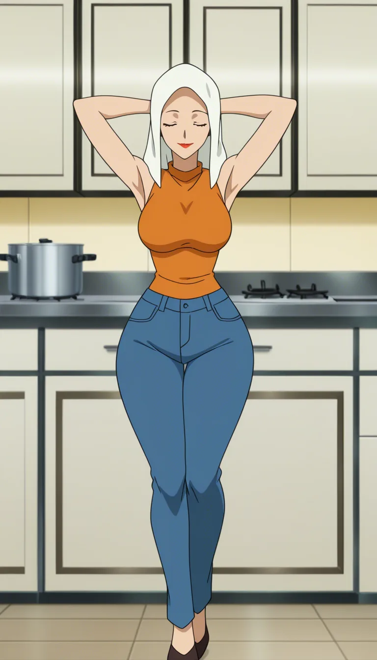 mother, armpit, slutty hijab, closed eyes, kitchen,full body, happy, sleeveless shirt, high graphic, closed mouth,red lips, big hips, transparent all clothes,, (anime style:1.3), 2d, anime screencap, cel shading, flat color, @00osamio00