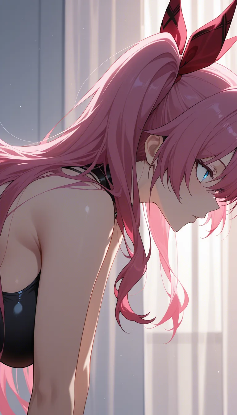 highly detailed, sharp, solo focus, ribbon, bent over, dominant stare, side view, vivid anime colors, hentai_studio_quality