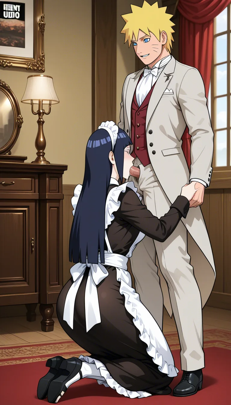 Naruto Uzumaki, standing, Victorian suit, @hyuuga_hinata, long_hair, Victorian Maid, kneeling, fellatio, Victorian room, hentai_studio_quality