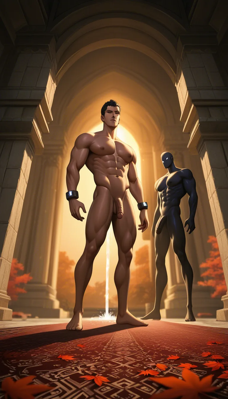 A low-angle, cinematic 8k homoerotic photograph captured during the golden hour in a secluded limestone grotto. Two men stand knee-deep in a crystal-clear pool of water, their bodies close enough that their shoulders brush. One man is a tall, athletic Texan in his late 20s with a clean-shaven face, amber eyes, and a seductive, aloof expression; he is shirtless, revealing a broad, muscular chest covered in a thick carpet of dark hair, with a light sheen of perspiration on his tanned skin. He possesses a dominant, virile presence, his large, calloused hand firmly gripping the wrist of the other man. The second man is a slender, blond man of a similar age with a look of breathless fascination and vulnerability, no pants with naked body.Both two men are nude, showing their penis. The environment is a lush, verdant sanctuary with a thin silver waterfall cascading into the basin, surrounded by burgundy maple leaves and emerald greenery that filter the sunlight into a bruised, purple-gold hue. The lighting is moody and natural, casting soft shadows and utilizing a shallow depth of field to keep the two men in sharp focus while the limestone walls and dense canopy blur into a rich tapestry of textures. The mood is raw, masculine, and charged with electric sexual tension, evoking an indie film screencap with realistic skin textures and heroic proportions., breathtaking digital art, trending on artstation, in the style of atey ghailan, in the style of greg rutkowski, in the style of greg tocchini, in the style of james gilleard, 8k, high resolution, best quality.

Overall, it's an absolute world-class masterpiece digital painting. It's an aesthetically pleasing digital painting with impeccable attention to detail and impressive composition., hentai_studio_quality
