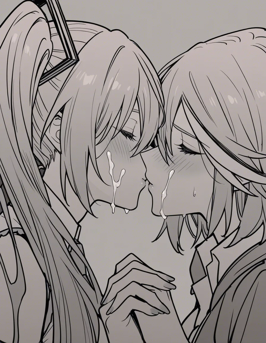 @hatsune_miku, @matoi_ryuuko, they are holding hands, they are kissing, cum on their faces and hairs, from side, hentai_studio_quality
