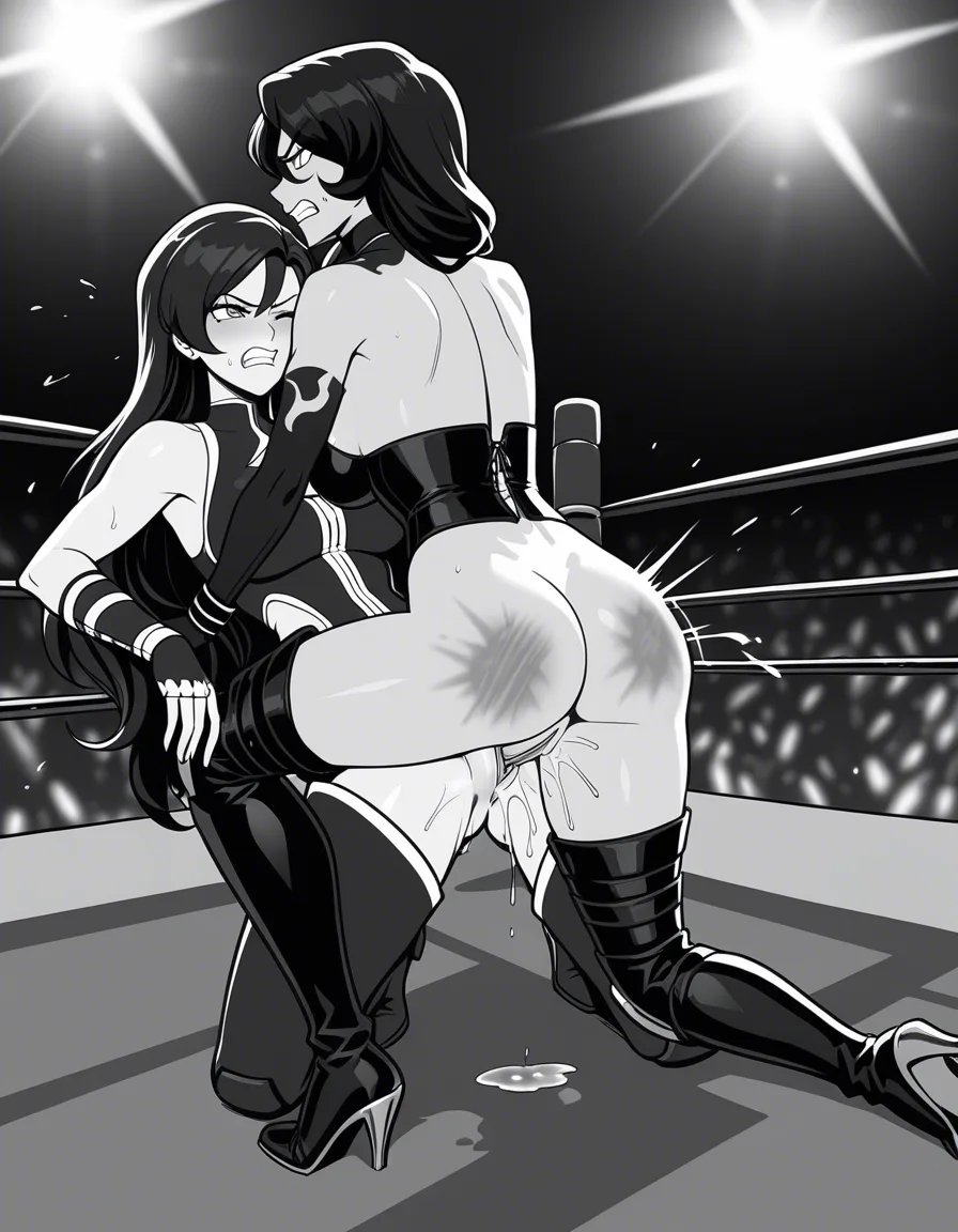 2girls , wrestling_ring , strapon , cinder_fall_(rwby) angry , shego , sex defeated ,cumming pussy_juice, orgasm,  doggystyle spank, hentai_studio_quality, hentai_studio_quality