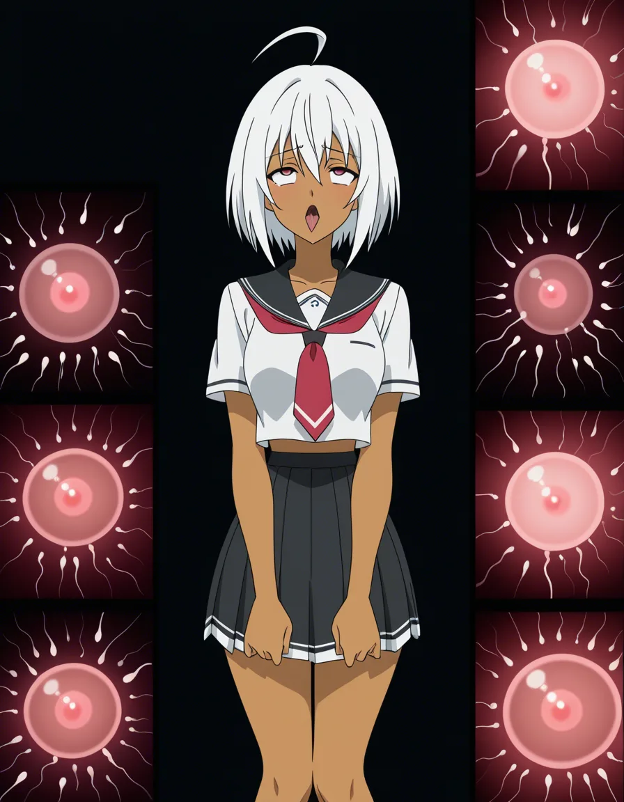 best quality, polished, solo focus, legs, pleated skirt, ahegao, black background, relaxed mood, soft cel shading, dark_skin, white_hair, impregnation, ahegao, (anime style:1.3), 2d, anime screencap, cel shading, flat color
