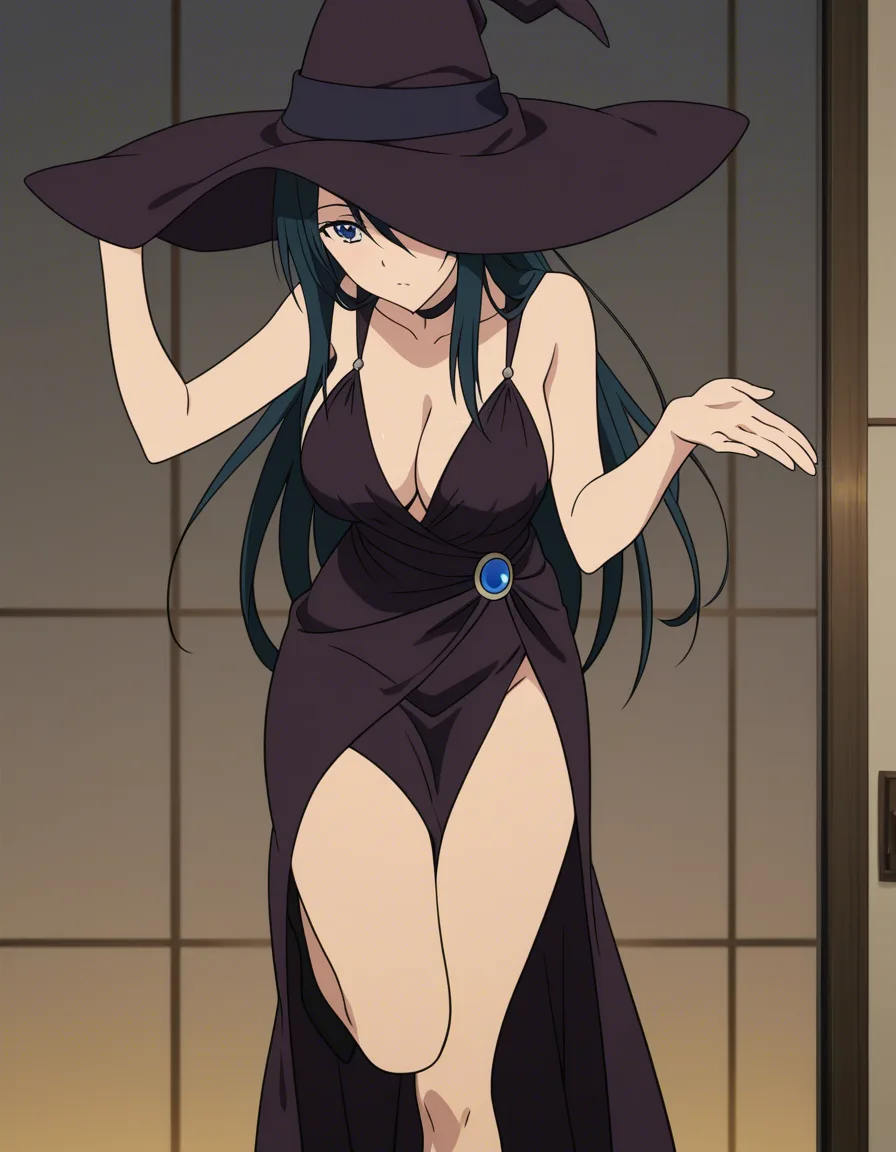 masterpiece, best quality, witch, thighs, evening gown, leg up, tender moment, hentai style, (anime style:1.3), 2d, anime screencap, cel shading, flat color