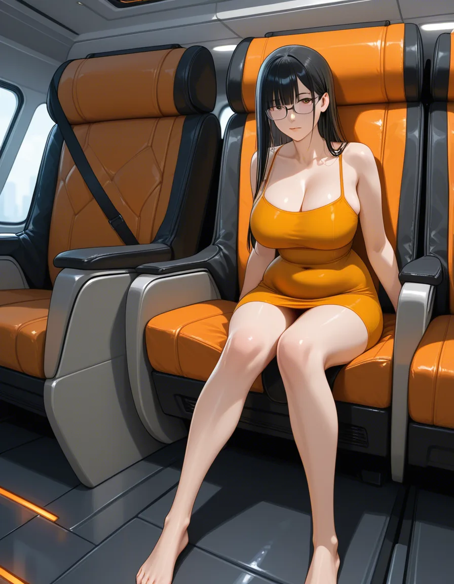 realistic skin, sitting on wide airplane seat. A matte silver buckle secures a thick fabric seatbelt across the lap. The upper body leans forward, leaving the arms hanging still at the sides. The skin is smooth, pressed against the plush chair, digital illustration comic-influence high detail, cute expression, bedroom eyes, short hair, glasses, 50mm lens, 4k masterpiece, tight body, narrow waist, orange glow from windows, slightly chubby, skinny legs, slender arms, angular well-proportioned face, yellow sundress, long thick wiry straight hair with long bangs, hentai_studio_quality