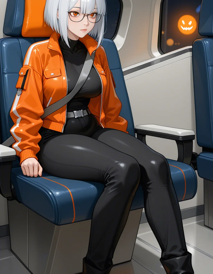 realistic skin, sitting on wide airplane seat. A matte silver buckle secures a thick fabric seatbelt across the lap. The upper body leans forward, leaving the arms hanging still at the sides. The skin is smooth, pressed against the plush chair, digital illustration comic-influence high detail, cute expression, bedroom eyes, short hair, glasses, 50mm lens, 4k masterpiece, tight body, narrow waist, orange glow from windows, slightly chubby, skinny legs, slender arms, angular well-proportioned face, short black and orange jacket, tight black pants, belt, long thick wiry straight hair with long bangs, hentai_studio_quality