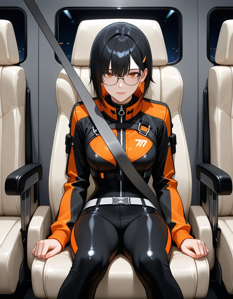 realistic skin, sitting on wide airplane seat. A matte silver buckle secures a thick fabric seatbelt across the lap. The upper body leans forward, leaving the arms hanging still at the sides. The skin is smooth, pressed against the plush chair, digital illustration comic-influence high detail, cute expression, bedroom eyes, short hair, glasses, 50mm lens, 4k masterpiece, tight body, narrow waist, orange glow from windows, small_breasts , skinny legs, slender arms, angular well-proportioned face, short black and orange jacket, tight black pants, belt, long thick wiry straight hair with long bangs, hentai_studio_quality