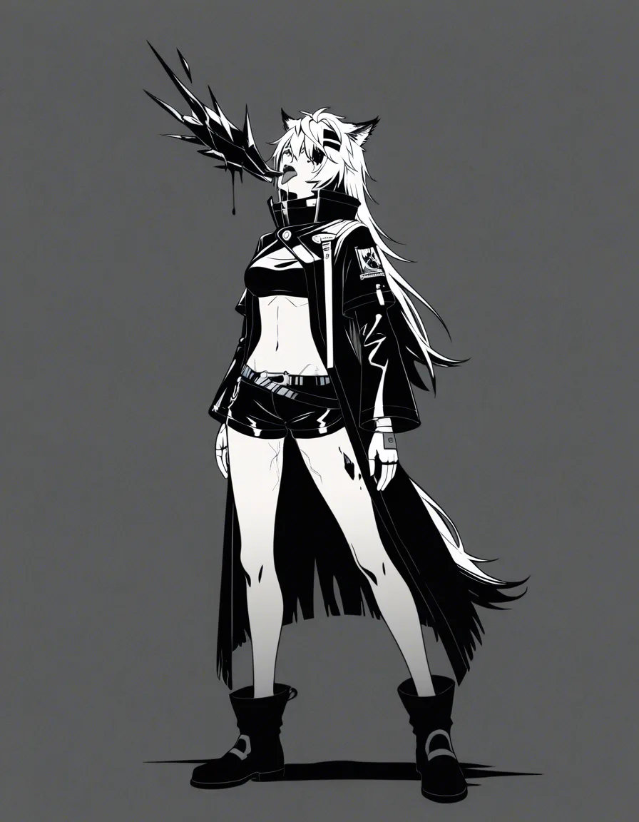 Arknights Lappland Saluzzo, full body, standing in an aggressive seductive pose, wearing a long open black trench coat with high stand-up collar, asymmetrical cut, round buttons, long straps, revealing black bandeau top under it, showing midriff, long light-colored mittened gloves with black accents and metal details, open fingers, patch emblem on left sleeve, very short high-waisted black mini shorts, tight on hips, wide black leather belt with metal buckle, a large erect human penis with visible veins and glans protruding from the shorts' fly, left thigh and shin have sharp black faceted crystal-like growths (Originium) embedded in skin, light blonde hair with two thick black rectangular snap clips on the right side of the fringe.
Kneeling beside her, naked Texas (Arknights) with wolf ears and long silver hair, both hands gripping the base of Lappland's cock, mouth wide open, tongue extended licking the glans, drool dripping down the shaft, Texas looking up with lustful submissive gaze. Bright lighting, high contrast shadows, anime art style, high detail, hard shading, grunge aesthetic, realistic anatomy, close-up on crotch and Texas's face, dynamic composition, masterpiece, best quality, 8k, sharp focus., hentai_studio_quality