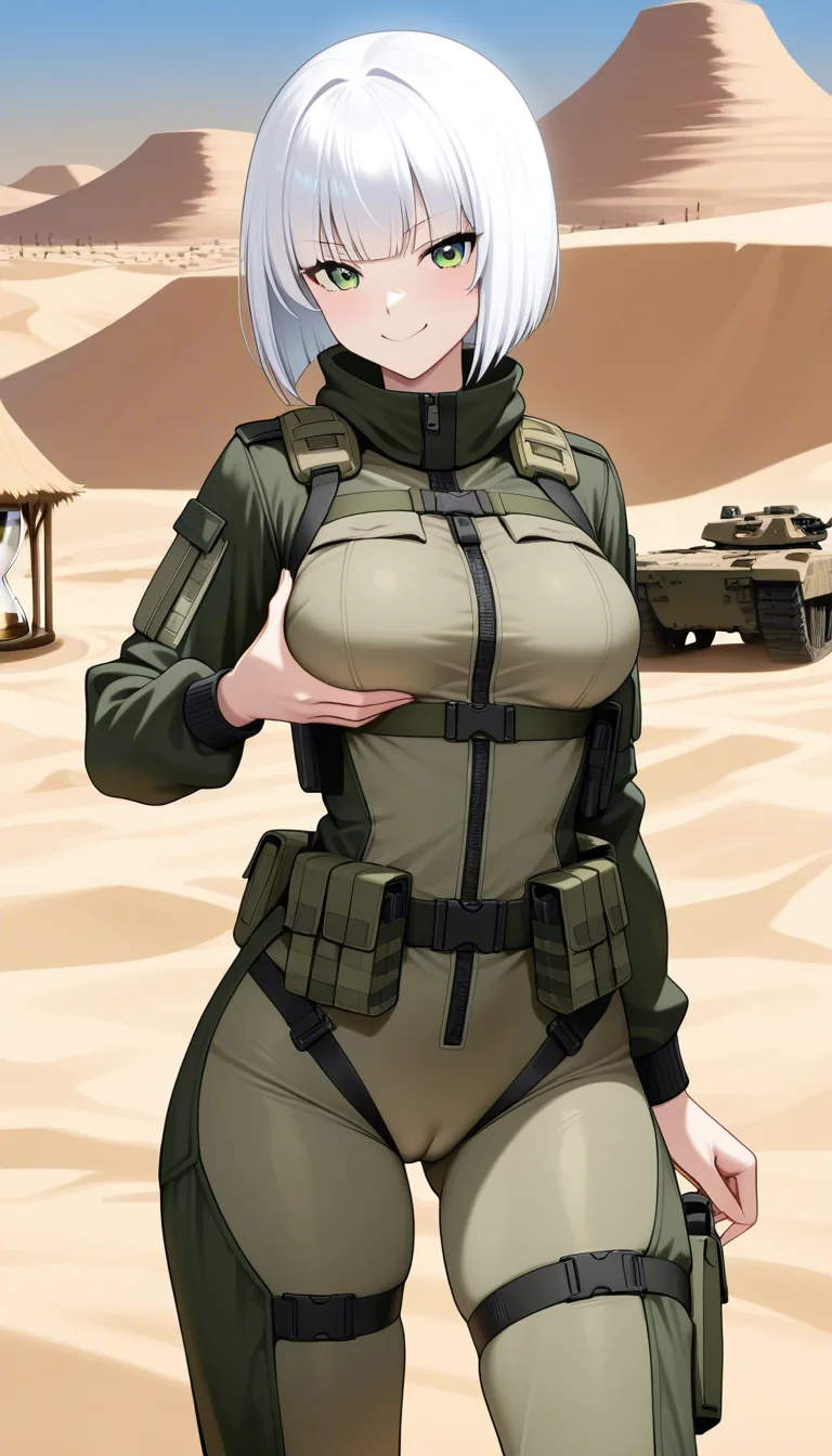 masterpiece, fine detail, Anime Female With Short bob cut White hair, medium Breasts, Green Eyes, Cheeky Face, hand in breast, Taunting, hourglass figure, Sand colour detailed closed combat gear outfit, no military set, no helmet, Pants, cameltoe, village surroundings background, desert biome, eroge aesthetics, · Base: Form-fitting khaki tactical jumpsuit with a front zipper. · Sleeves: Two-toned with dark green/black fitted forearms. · Chest: Olive-drab chest rig with shoulder straps and a row of six utility pouches. · Waist & Thighs: Dark green tactical belt with black buckles, connected by horizontal straps wrapping around the upper thighs. · Extras: High dark collar with red accents, and a rigid dark thigh plates on the Thighs., hentai_studio_quality