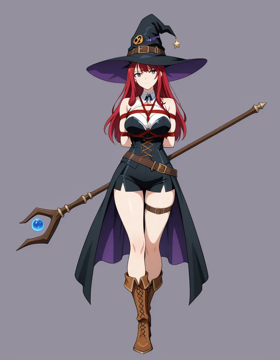 absurdres, highres, witch, weapon, bondage, confident gaze, anime style, hentai_studio_quality
