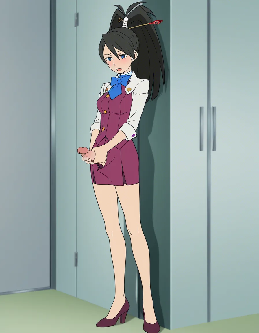Kay Faraday from Ace Attorney,
Full body, in clothed, futanari masturbation, (anime style:1.3), 2d, anime screencap, cel shading, flat color