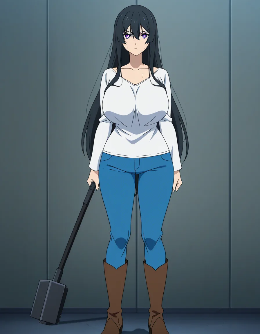 Nagi from the anime “Ruri Rocks”: Nagi is wearing her normal outfit of a long-sleeve white top, long blue pants, and brown boots. Her top is barely keeping her breasts inside.

Nagi is cracking open a rock with her hammer. As she does so, sweat drips down the swell of her breasts.

Nagi's face is able to be seen, with her big violet eyes and long black hair., (anime style:1.3), 2d, anime screencap, cel shading, flat color