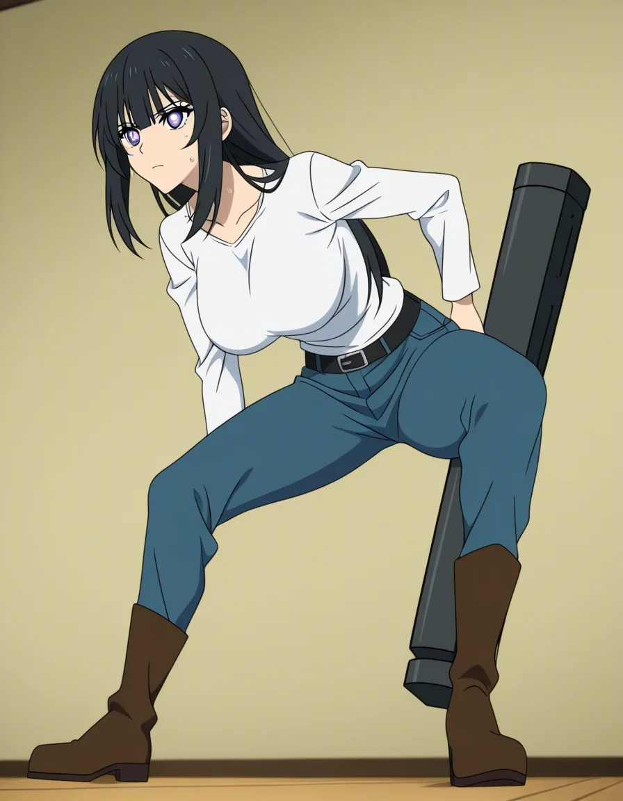 Nagi from the anime “Ruri Rocks”: Nagi is wearing her normal outfit of a long-sleeve white top, long blue pants, and brown boots. Her top is barely keeping her breasts inside.

Nagi is cracking open a rock with her hammer. As she does so, sweat drips down the swell of her breasts.

Nagi's face is able to be seen, with her big violet eyes and long black hair., (anime style:1.3), 2d, anime screencap, cel shading, flat color, @00osamio00