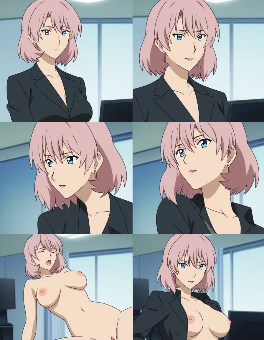 highly detailed, sharp, mature female, office wear, creampie, wild energy, vivid anime colors, multiple views, small penis, (anime style:1.3), 2d, anime screencap, cel shading, flat color, (anime style:1.3), 2d, anime screencap, cel shading, flat color