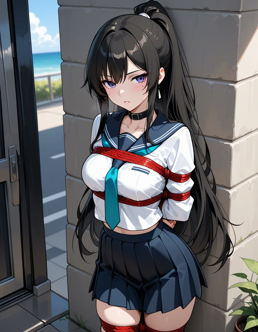 best quality, polished, 1girl, mole, pleated skirt, bondage, outdoors, seductive look, detailed shading, hentai_studio_quality