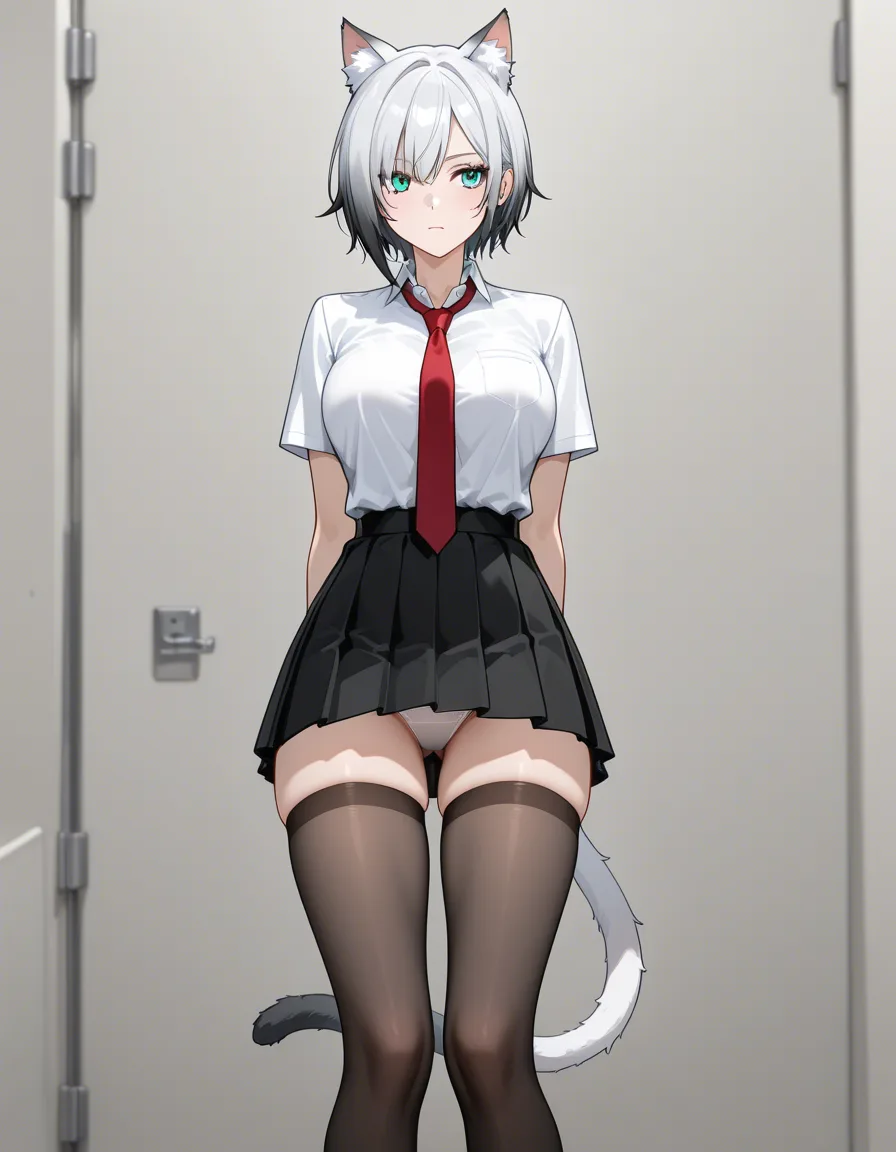 catgirl in white panties in a minskirt giving a thighjob standing, hentai_studio_quality