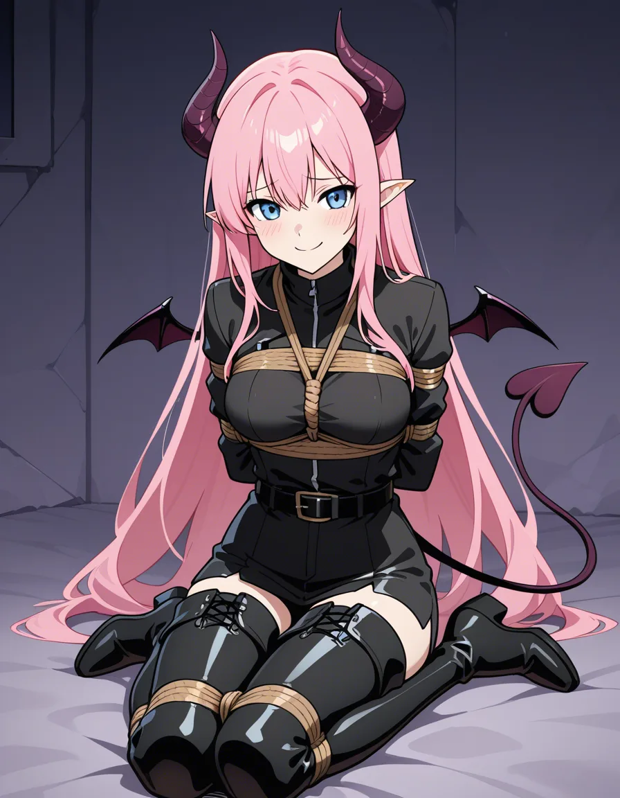 highly detailed, sharp, succubus, thigh boots, belt, bondage, shy smile, anime style, hentai_studio_quality