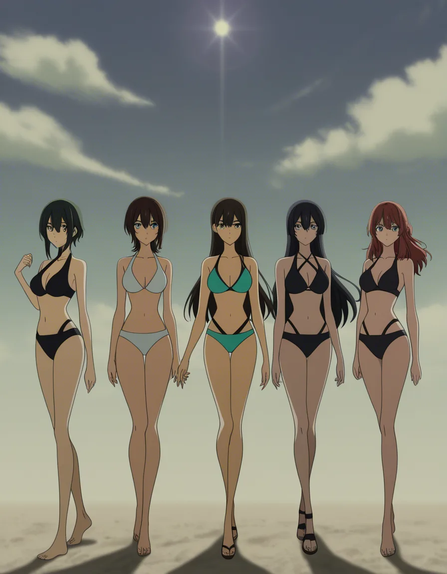 ultra detailed shading, 5girls, fingernails, swimsuit, leg up, sunlight, smoldering look, anime style, (anime style:1.3), 2d, anime screencap, cel shading, flat color, @00osamio00