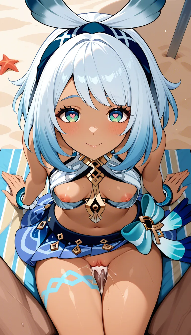 Masterpiece, 1girl, Mualani character from genshin impact, outfit, Guider smile, looking at viewer, lift bra , pov light no hairs cock, pov vaginal sex, riding, bouncing, nipples, She spread pussy lips, beach, small_breasts, Mualani's skirt, cum, heart eyes, Pussy, Lift skirt, sitting, from above, thighs together, lightweight body, .,,, value:0.1 for: hentai_studio_quality.,,,,,,,,,,,, hentai_studio_quality, hentai_studio_quality