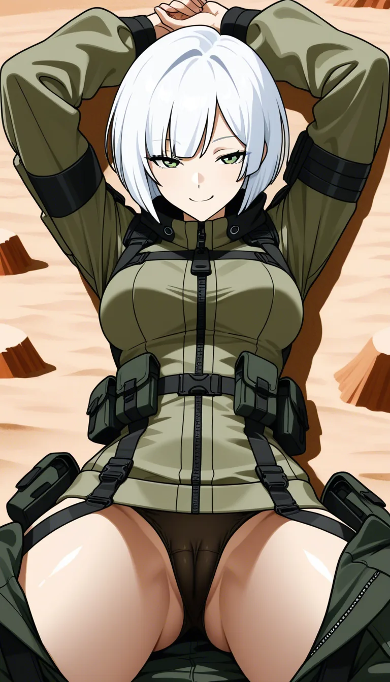 44 Masterpiece, natural perky medium breasts, look at viewer, fine detail, Anime Female With Short bob cut White hair, top cloth, medium Breasts, Green Eyes, Cheeky Face, legs together, half closed eyes, no helmet, Pants down, panties, no gloves, village surroundings background, desert biome, eroge aesthetics, legs up on air, cameltoe, legs together, · Base: Form-fitting khaki tactical jumpsuit with a front zipper. · Sleeves: Two-toned with dark green/black fitted forearms. The sleeves are rolled up. · Chest: Olive-drab chest rig with shoulder straps and a row of six utility pouches. · Waist & Thighs: Dark green tactical belt with black buckles, connected by horizontal straps wrapping around the upper thighs. · Extras: High dark collar with red accents, and a rigid dark thigh plates on the Thighs. ... single continuous shot, full widescreen view, one single image, uninterrupted scene, no borders, no panels, wide angle cinematic photograph, single perspective, edge-to-edge frame ... modern digital drawing style, clean monoline ink linework, flat cel shading with minimal soft gradients, vibrant color palette with high-contrast accent tones, minimalist geometric background elements, crisp vector-like finish, contemporary graphic illustration.,, hentai_studio_quality, hentai_studio_quality, hentai_studio_quality, hentai_studio_quality, hentai_studio_quality, hentai_studio_quality, hentai_studio_quality, hentai_studio_quality, hentai_studio_quality