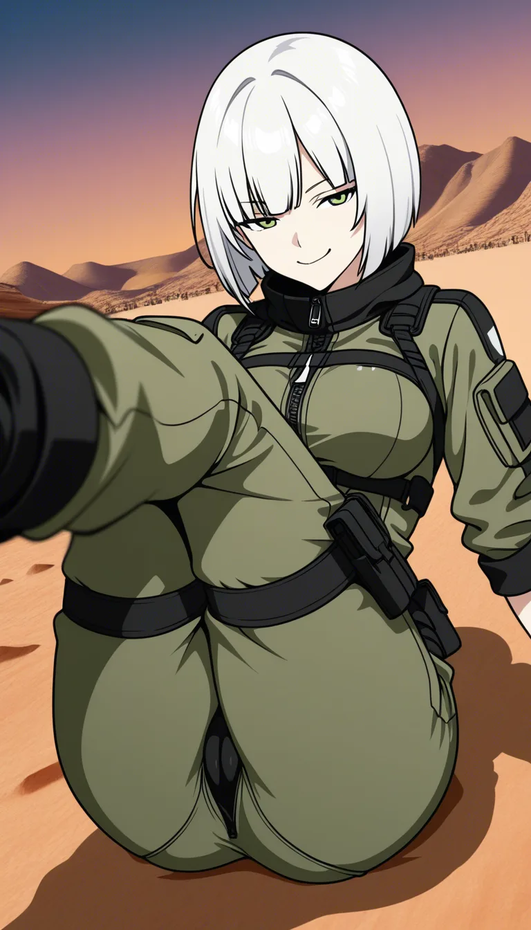 44 Masterpiece, natural perky medium breasts, look at viewer, fine detail, Anime Female With Short bob cut White hair, top cloth, medium Breasts, Green Eyes, Cheeky Face,  legs  together, half closed eyes,   no helmet, Pants down, panties, no gloves, village surroundings background, desert biome, eroge aesthetics, legs up on air, cameltoe, legs together,  · Base: Form-fitting khaki tactical jumpsuit with a front zipper. · Sleeves: Two-toned with dark green/black fitted forearms. The sleeves are rolled up. · Chest: Olive-drab chest rig with shoulder straps and a row of six utility pouches. · Waist & Thighs: Dark green tactical belt with black buckles, connected by horizontal straps wrapping around the upper thighs. · Extras: High dark collar with red accents, and a rigid dark thigh plates on the Thighs. ... single continuous shot, full widescreen view, one single image, uninterrupted scene, no borders, no panels, wide angle cinematic photograph, single perspective, edge-to-edge frame ... modern digital drawing style, clean monoline ink linework, flat cel shading with minimal soft gradients, vibrant color palette with high-contrast accent tones, minimalist geometric background elements, crisp vector-like finish, contemporary graphic illustration.,, hentai_studio_quality, hentai_studio_quality, hentai_studio_quality, hentai_studio_quality, hentai_studio_quality, hentai_studio_quality, hentai_studio_quality, hentai_studio_quality, hentai_studio_quality, hentai_studio_quality