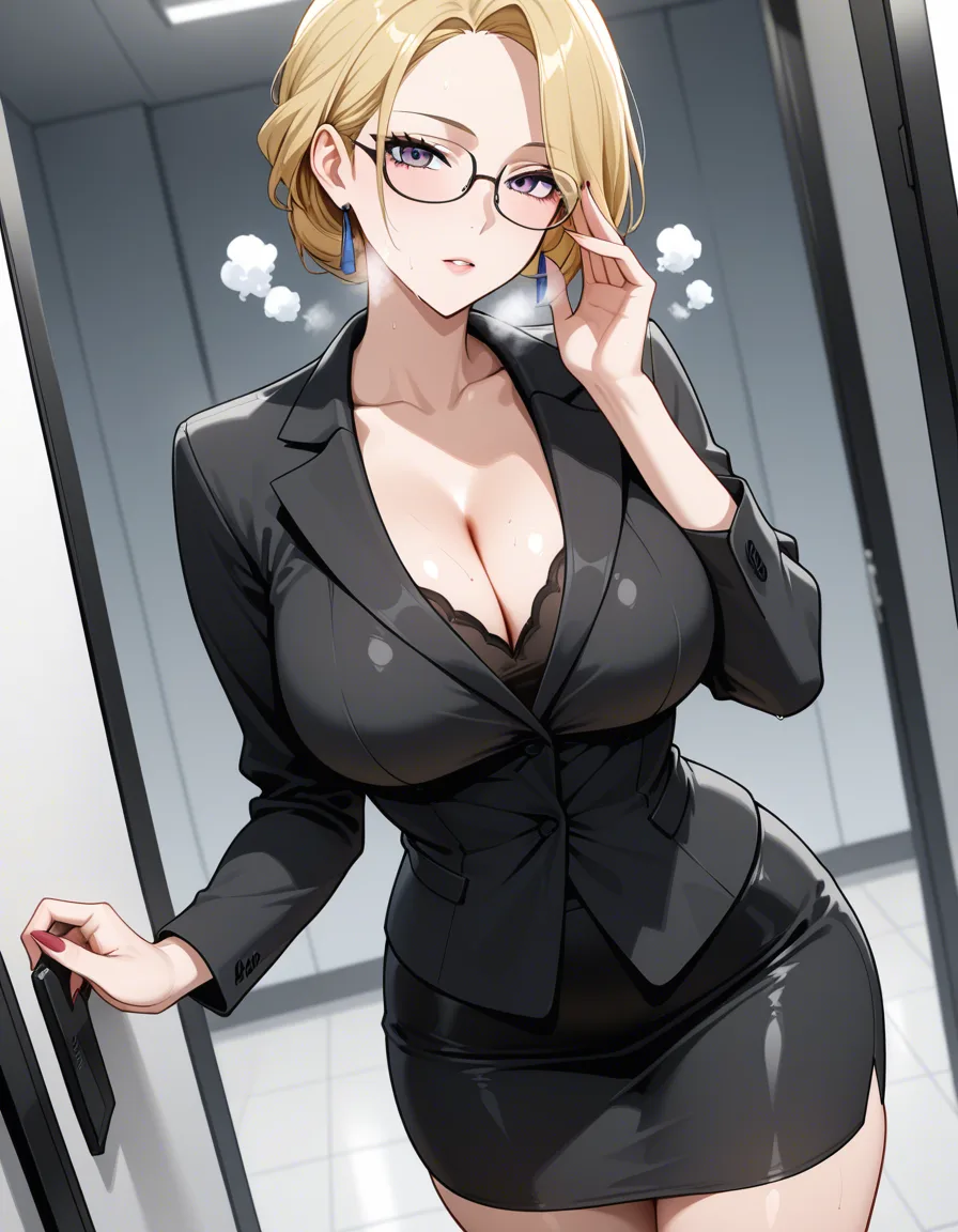 Female, blonde_hair, office_lady, large_breasts, tight_clothes, cleavage, hentai_studio_quality, glasses, wide_hips, thighs, pencil_skirt, black blouse, heavy_breathing, facing_viewer, hentai_studio_quality, hentai_studio_quality, hentai_studio_quality