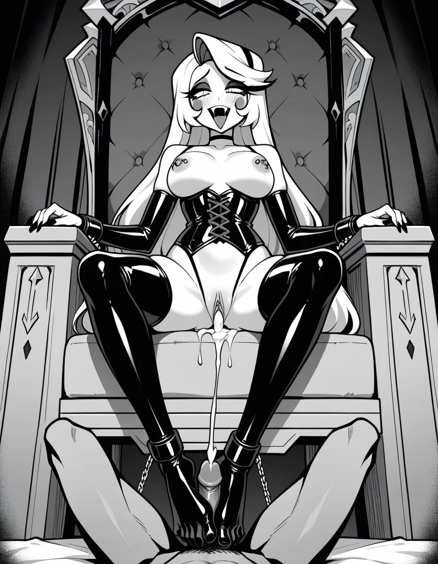 Charlie_Morningstar, hazbin_hotel , latex, angelic wings, corset, bondage , thighhighs, breasts_out, cum_overflow, orgasm, feet,nipple_piercing, footjob, sitting on a throne in hellfire,, hentai_studio_quality, hentai_studio_quality