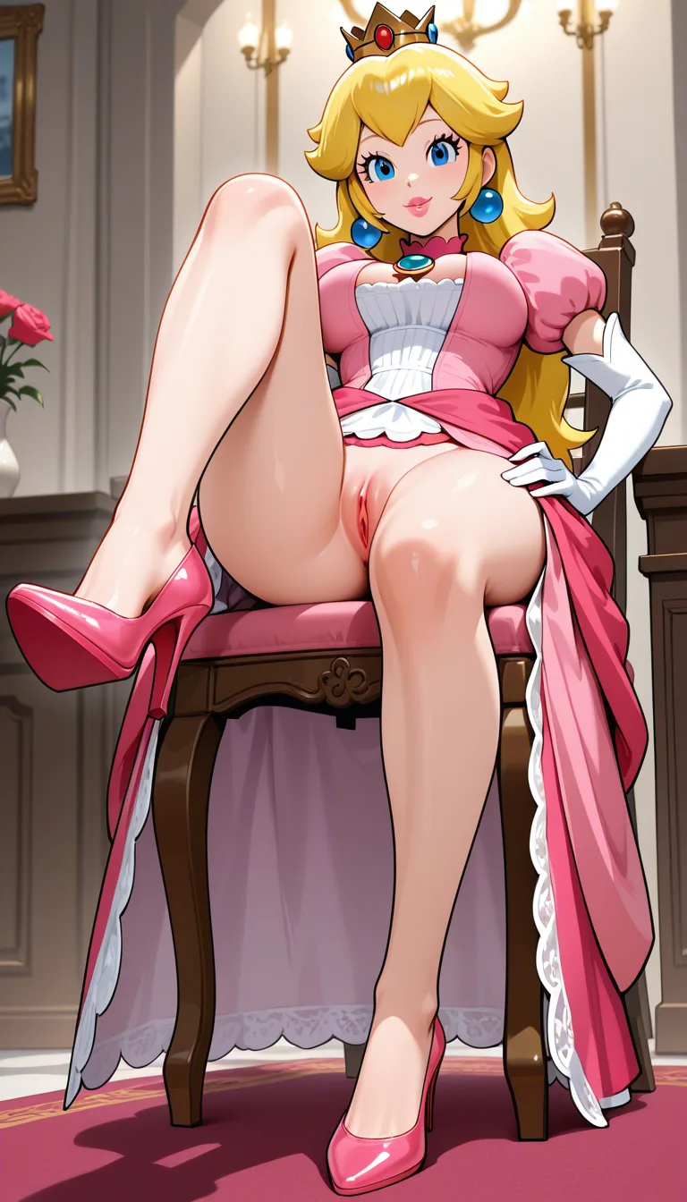 best quality, explicit detail, princess peach, smiling, sitting on an chair wearing a pink dress and pink high heels stepping on a pussy of a woman lying on the ground, hentai_studio_quality, hentai_studio_quality, hentai_studio_quality