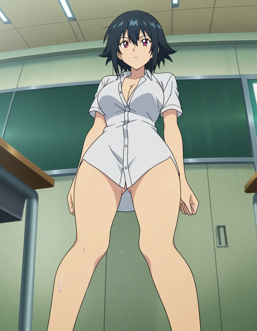 black_hair, short_hair, no_panties, no_bra, public, at classrooom, wet, open_legs, stealth, full_classroom, (anime style:1.3), 2d, anime screencap, cel shading, flat color, @00osamio00