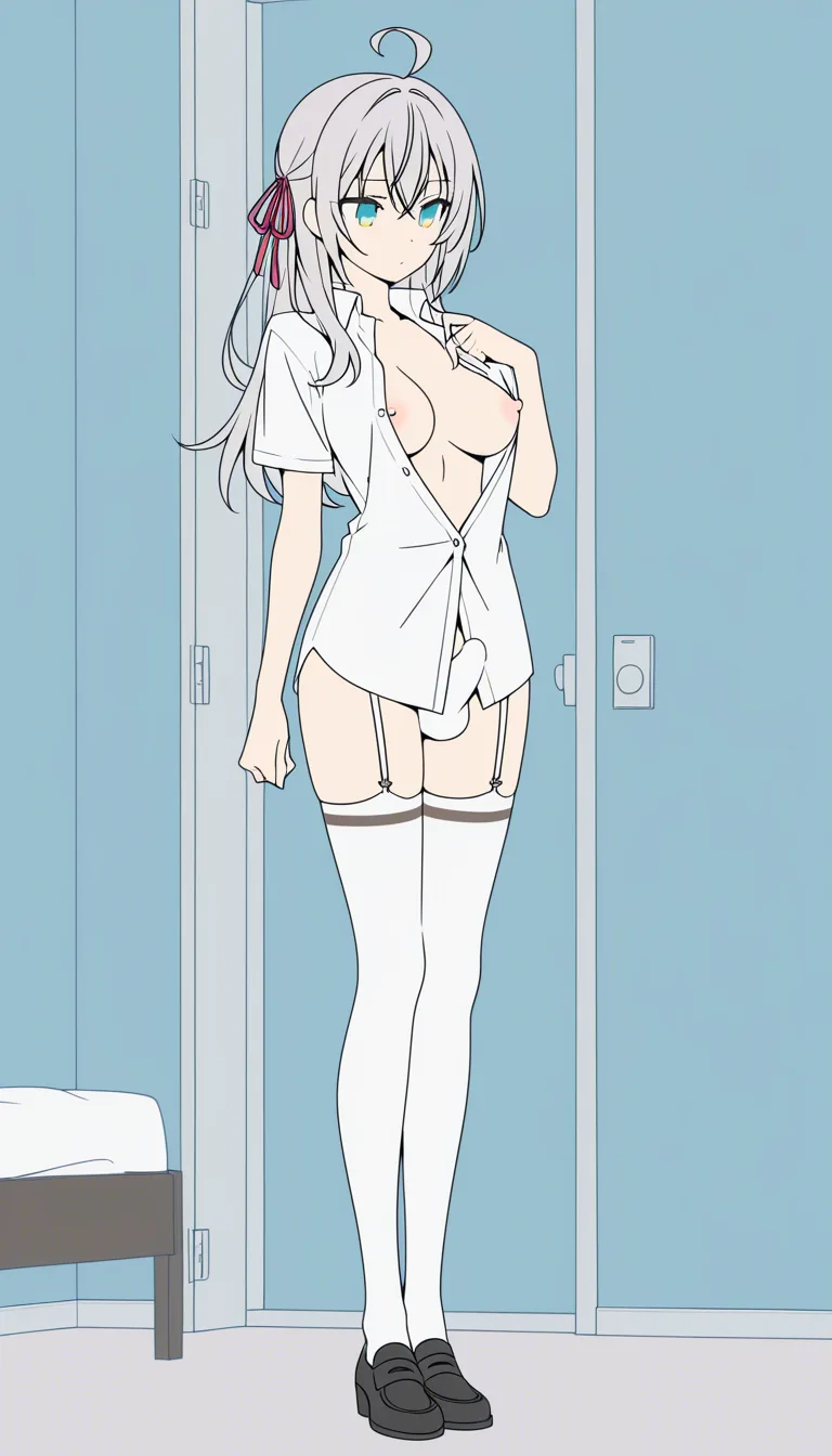 masterpiece, best quality, score_7, newest, anime screenshot, official art, Alisa Mikhailovna Kujou, bedroom, black shoes, white stockings, a shirt worn over the body, a sheer shirt, unbuttoning the shirt, nipples under the shirt, futanari, no erection., (flat color:1.3), hard cel shading, thin crisp lineart, high key daylight, vivid primary palette, bright clean background, hentai_studio_quality