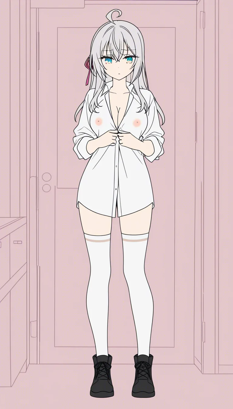masterpiece, best quality, score_7, newest, anime screenshot, official art, Alisa Mikhailovna Kujou, bedroom, black shoes, white stockings, a shirt worn over the body, a sheer shirt, unbuttoning the shirt, nipples under the shirt, futanari, no erection., (flat color:1.3), hard cel shading, thin crisp lineart, high key daylight, vivid primary palette, bright clean background,, (anime style:1.3), 2d, anime screencap, cel shading, flat color, @00osamio00