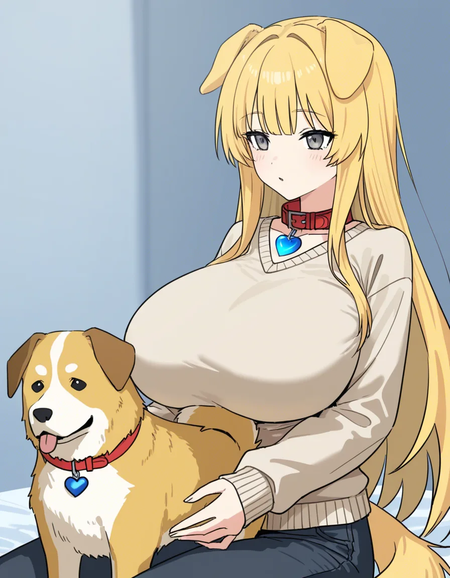 dog girl, light blonde hair, long hair, straight hair, flattened dog ears, floppy ears, dog tail, blue ornaments, 0::black jeans, beige sweater,:: yellow dog collar with a blue heart, tarame, grey eyes, huge_breasts, hentai_studio_quality, hentai_studio_quality