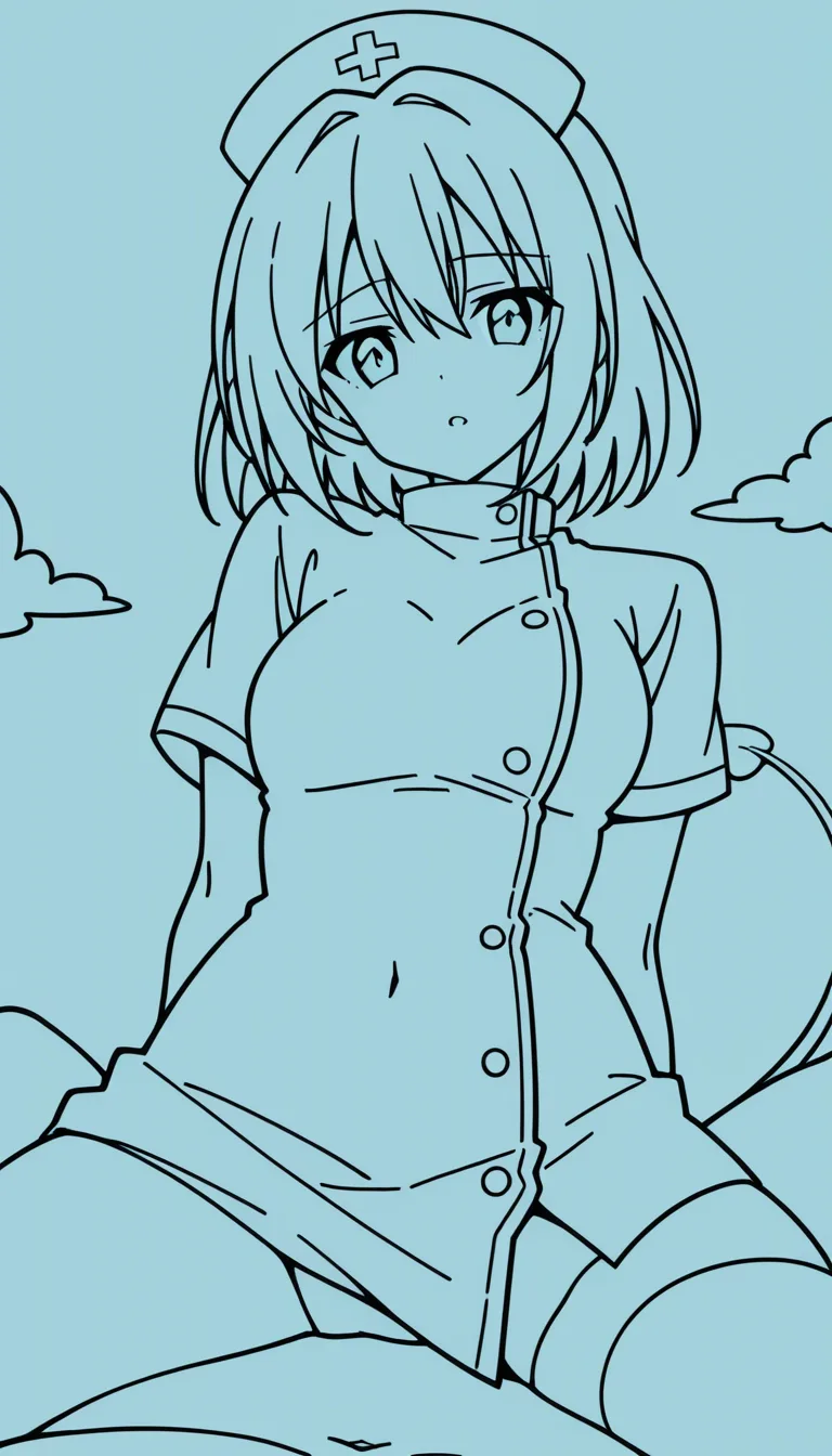 ultra detailed, crisp, nurse, reverse cowgirl, covered navel, tail, cloud, clean lineart