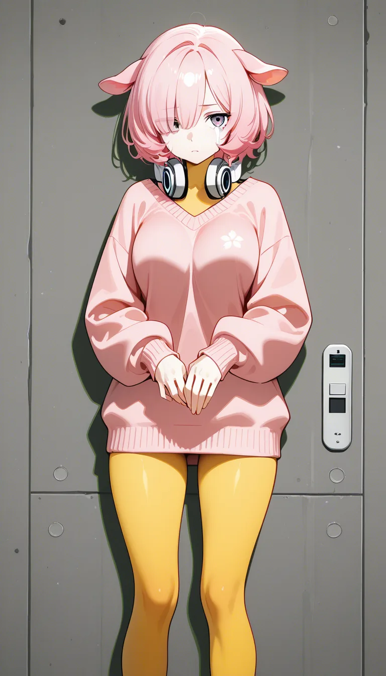A yellow skinned woman, her head not visible at the bottom of the screen only her two yellow human legs are visible spread to either side of the screen. In the center of the image is a pale man with pastel pink hair, pastel pink sheep ears and pastel pink fur around his neck, he is wearing a pastel pink sweater that reveals his pale hips. He is behind the yellow legs, his two pale hands hold yellow thighs pastel pink fur on his forearms. Cum spills where his pale hips thrust down into the yellow hip at the bottom of the screen.