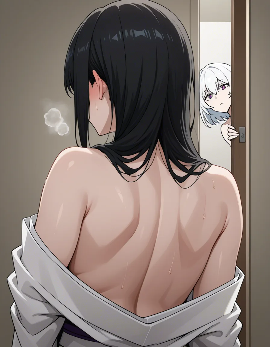 two mature white females, one is a chubby red and the other woman is a slim with black hair, the slim black hair woman is feeling aroused while peeking at the chubby red hair woman's huge plump erotic naked ass while she undresses in a room, hentai_studio_quality