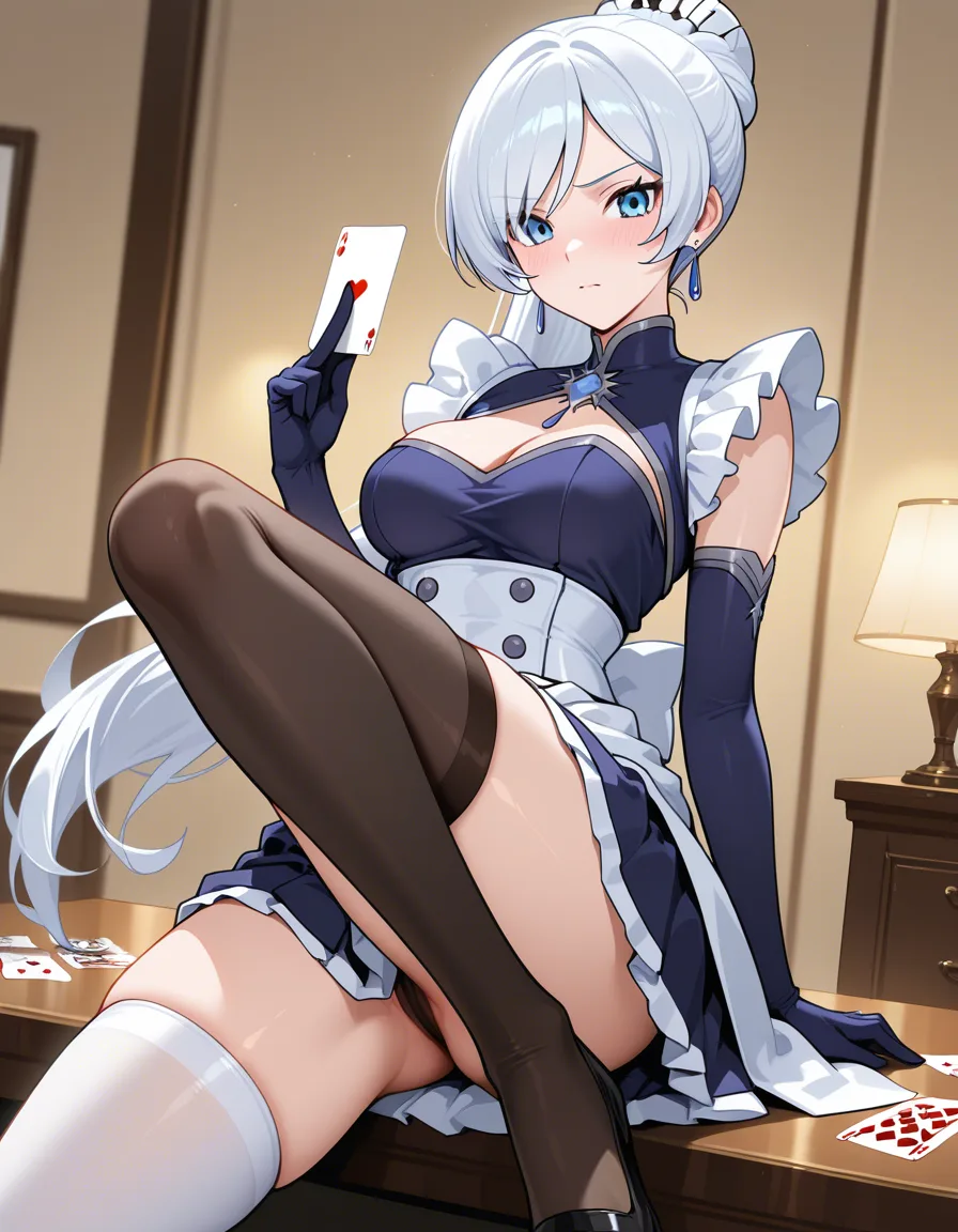 @weiss_schnee convenient_censoring card playing_card pulling_own_clothes mismatched_legwear, hentai_studio_quality