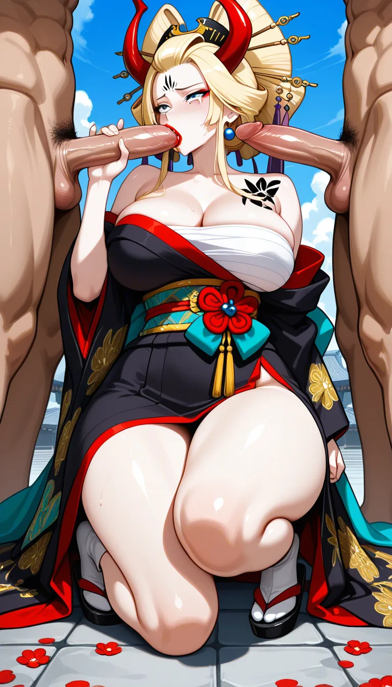 Extremely tall woman (8.2 meters / 26'11") with a on a massively scaled but perfectly proportioned adult female body. Very voluptuous hourglass figure with a narrow waist, wide hips, thick thighs, and large heavy breasts with deep cleavage. Fair pale soft skin. Long blonde hair styled in an elaborate traditional Japanese geisha/oiran updo with high piled hair and side locks, one loose strand falling across her left eye. Two long slightly curved red horns growing from the forehead. Ornate hair decorations including two swords used as hairpins, red flowers, and purple/blue ornaments with hanging tassels. Sky-blue eyes, full lips with bright red lipstick, and pearl earrings. She wears a black kimono with blue and yellow floral patterns that is very low-cut and deliberately open, often slipping off one or both shoulders to fully expose deep cleavage, tied with a turquoise/teal-green obi around the waist. Black zōri sandals with red straps and white tabi socks. When the kimono is removed she wears a white sarashi (chest bandage) tightly wrapped around her large breasts, and has a large black tattoo of the kanji 女難 across her upper back. The woman described is giving a blowjob, deep blowjob, tears, seasoned veteran in sucking dick, slut face, tears,crying, molestation, deep blowjob, fellatio The woman described is giving a blowjob, deep blowjob, tears, seasoned veteran in sucking dick, slut face, tears,crying, molestation, deep blowjob, fellatio, giving a blowjob, woman blowjob, woman sucking dick