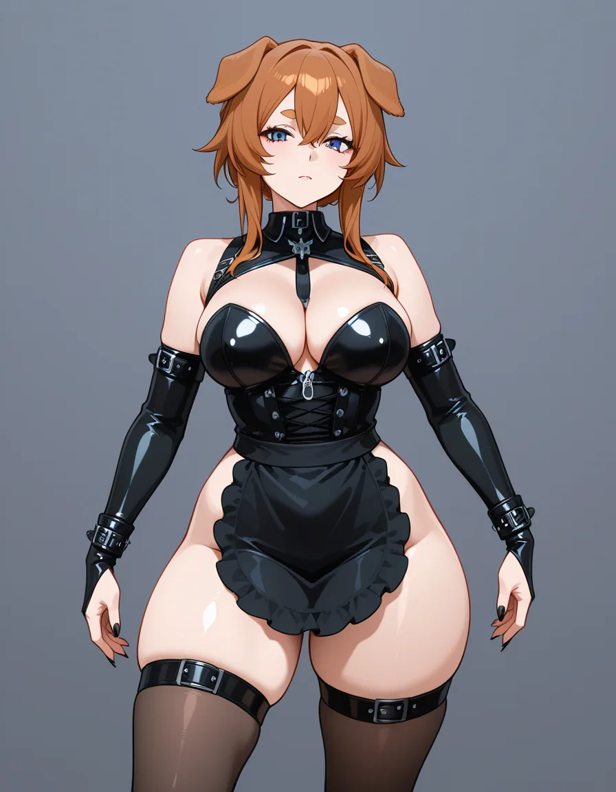 ultra detailed, 1girl, thick thighs, dog_girl, mature_female , petite , thighhighs , goth, revealing_clothes, medium_breasts, floppy ears, cute, submissive, apron, hentai_studio_quality