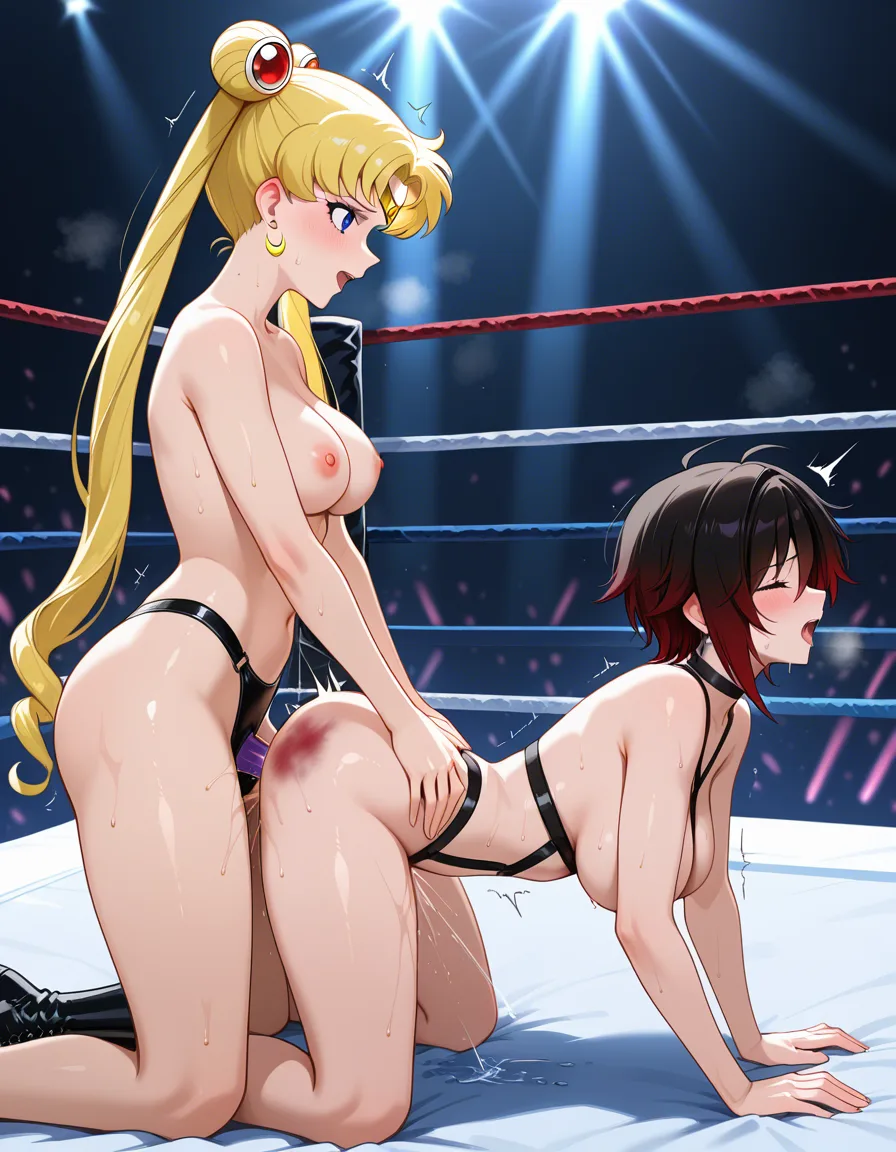 @ruby_rose_black_hair , @sailor_moon_blonde_hair , 2girls yuri sex , wrestling_ring, wrestling orgasm pussy_juice, defeated, squirting , bruised, sweat nude strap-on vaginal doggystyle all_fours, from_side, hentai_studio_quality